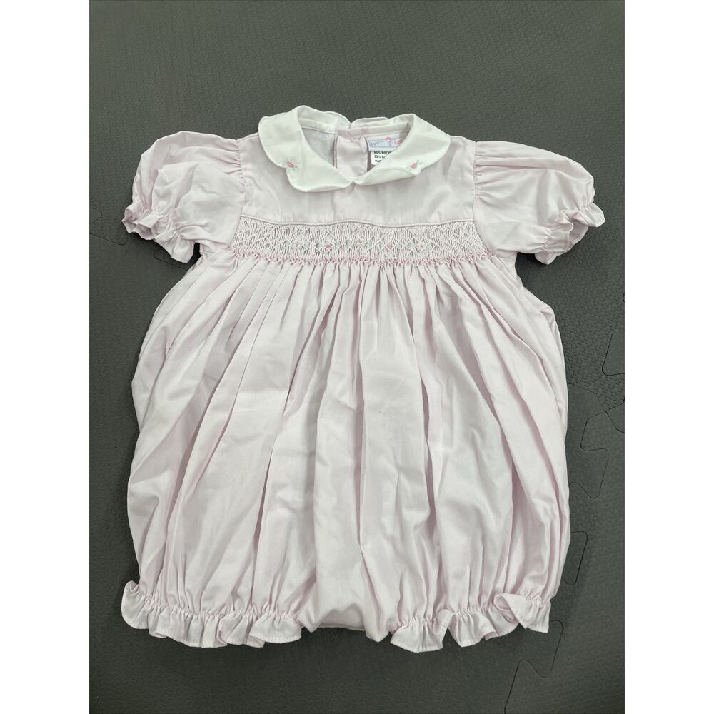 Petit Ami Bubble Romper S/S Smocked 6 Months Pink Peter Pan Hand Embroidered FS